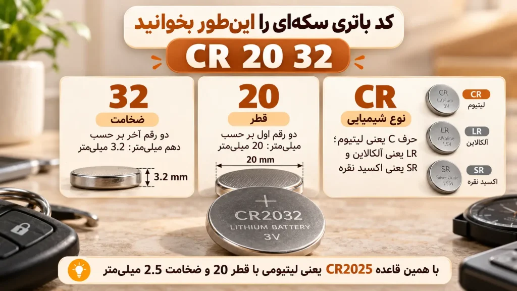 مقایسه اندازه باتریهای سکهای CR2032، CR2025، CR2016 و LR44