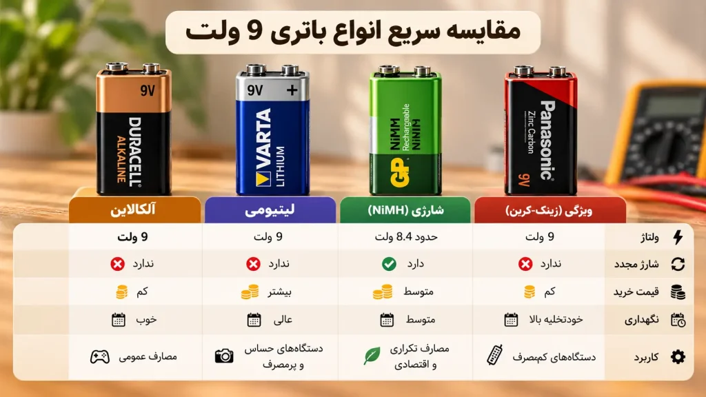 مقایسهی انواع باتری 9 ولت آلکالاین، لیتیومی و شارژی NiMH